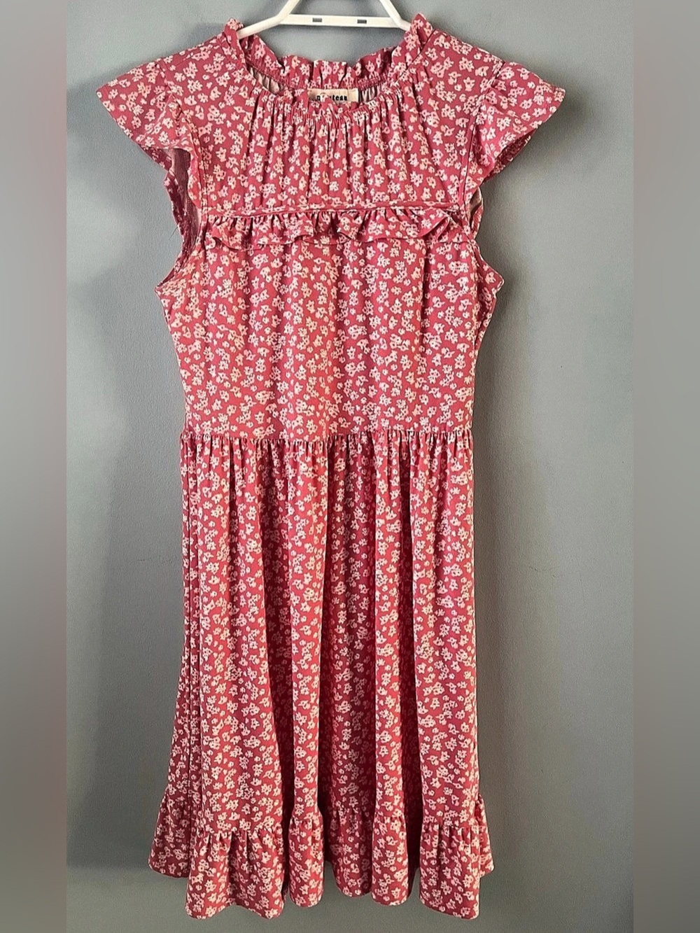 Monteau LA Pink & White Floral Flutter Sleeve Flowy Tiered Midi Dress Size S